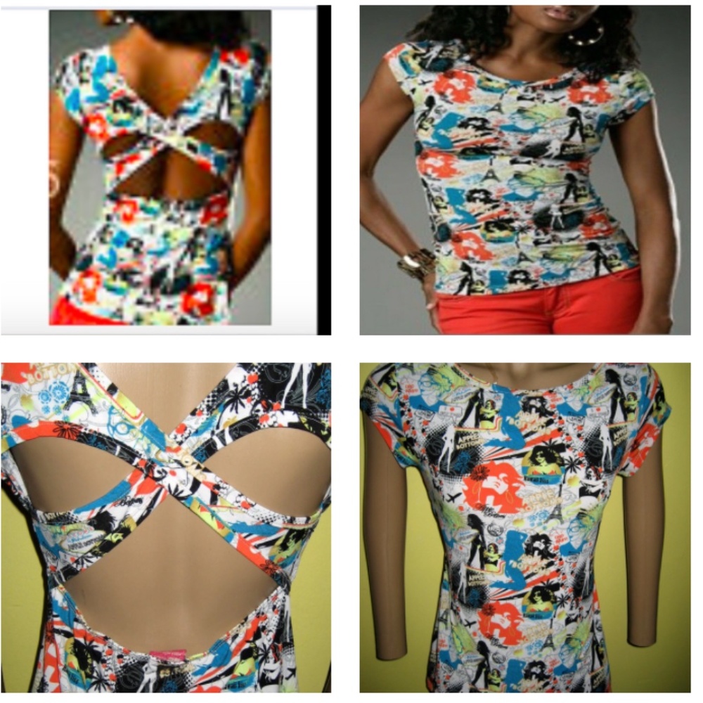 NEW Apple Bottoms Stretchy OPEN X back shirt ART colorful Top 2X PLUS Y2K